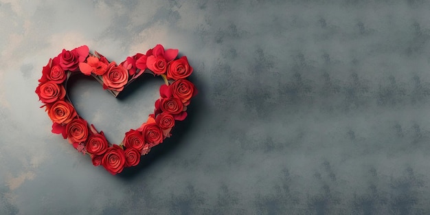 A heart made of red roses on a gray background