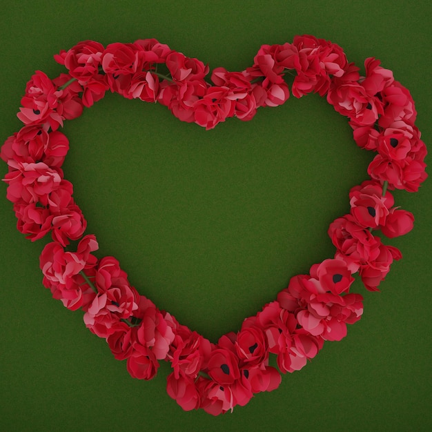Foto un cuore fatto di rose rosse su uno sfondo di erba verde