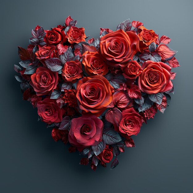 a heart made of red roses with leaves and leaves