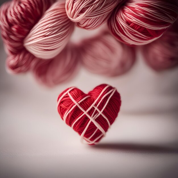 白い背景に赤い糸で作られた心臓 トーン