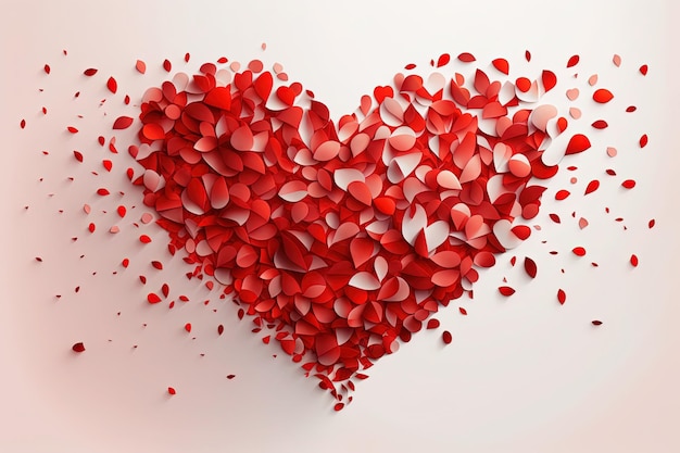 빨간색과 흰색 장미 꽃잎으로 만든 하트 발렌타인 데이 또는 어머니의 날을 위한 사랑 배경 Generative AI