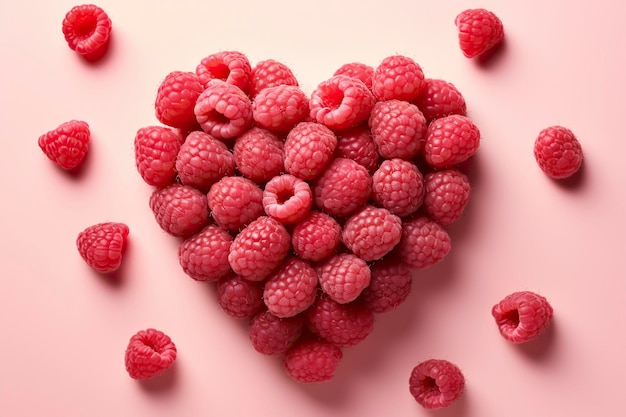 Heart made of ripe raspberries on color background top view