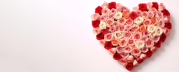 Heart made of rose flowers on a white background