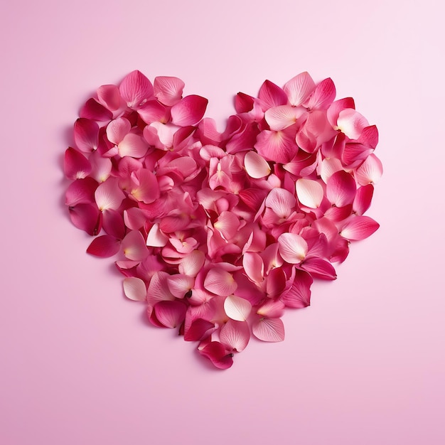 ピンクの背景にバラの花びらで作られたハート バレンタインデーの祝い
