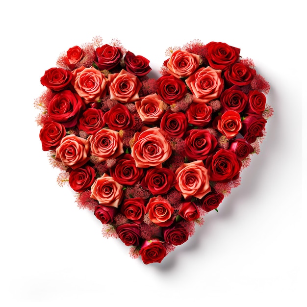 A heart made of roses is displayed on a white background