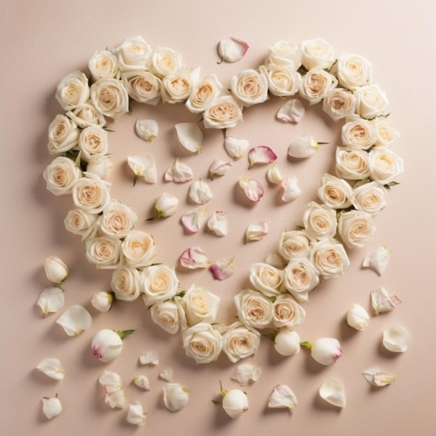 A heart made of roses is surrounded by small petals.