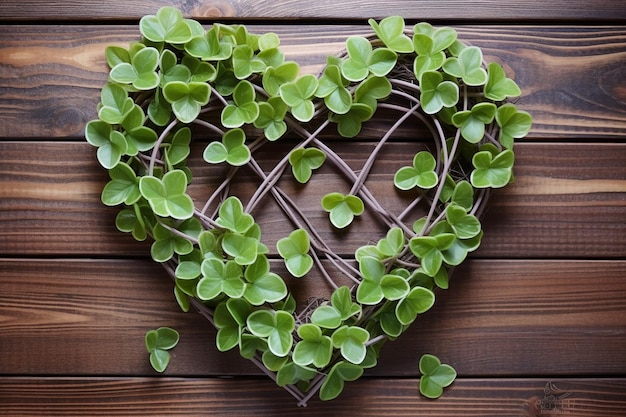 A heart made of shamrocks on a wooden background
