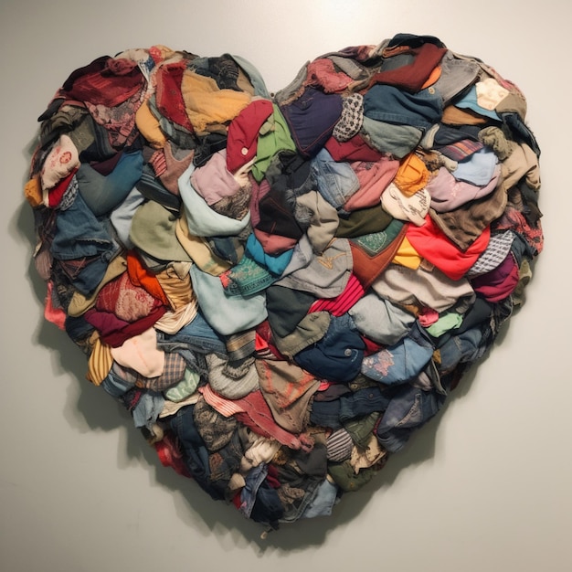 A heart made of shirts is on a white wall