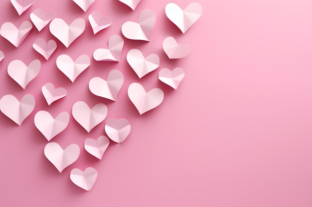 Foto cuore fatto di piccoli cuori di carta rosa su uno sfondo rosa