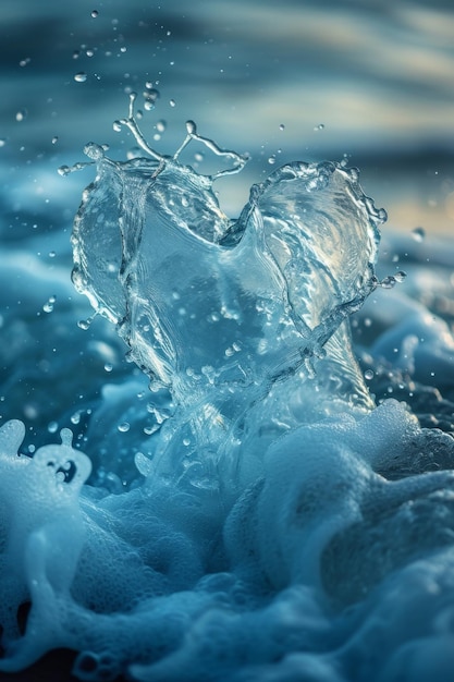 海の背景に水のスプラッシュで作られた心 愛の概念