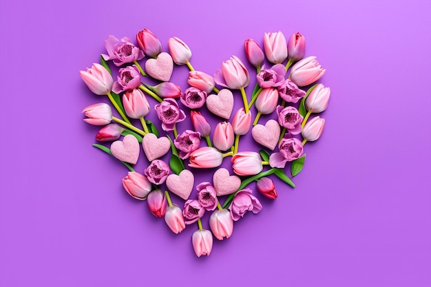 A heart made of tulips on a purple background