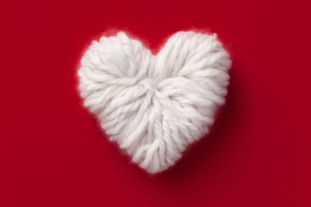 A heart made of yarn is on a red background.