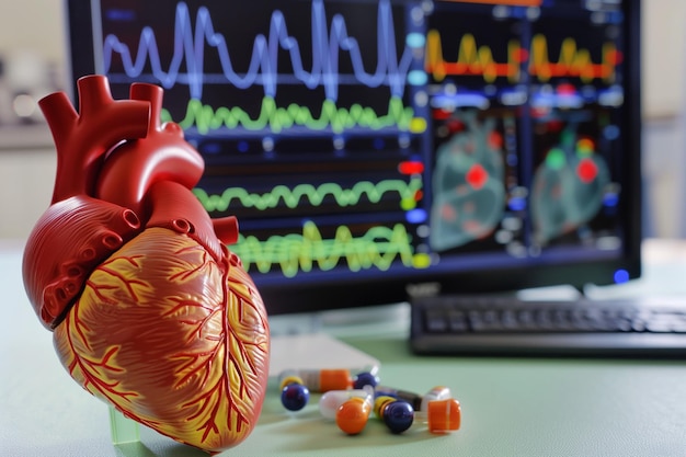 コンピュータの前で心臓のモデルとEKGデータ