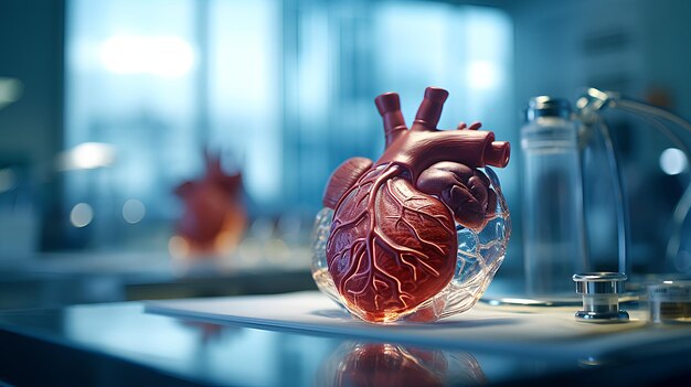 A heart model sits on a table with a glass container and a glass jar.