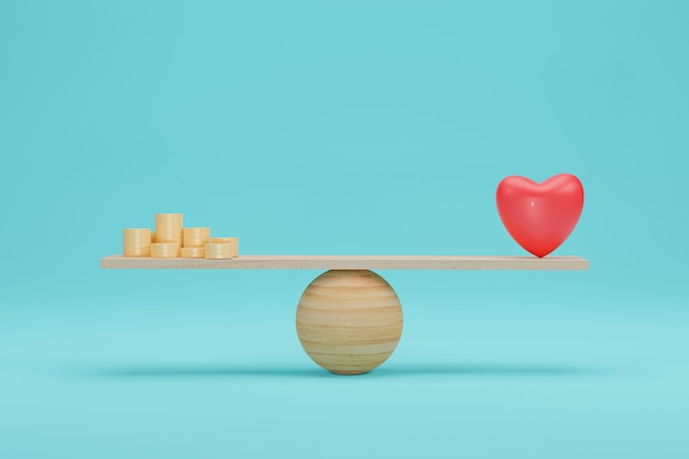 Heart and money scales concept. Importance between gold coin and love balance on scale. 3D Rendering.