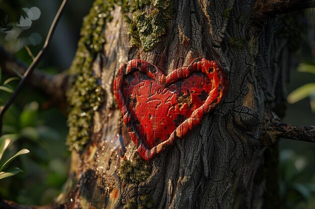 Foto nel cuore delle nature abbracciare un cuore rosso scolpito generativo ai