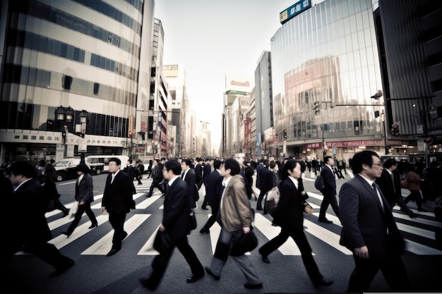 写真 高層ビルのモーション ブラーを持つ通りの向かいの大都市の人々の中心部