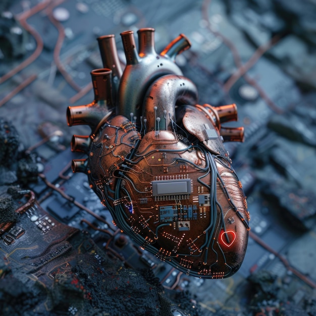 The heart of a person in the form of a computer motherboard with microchips AI generative