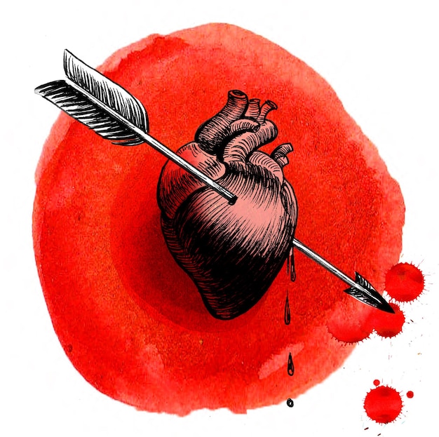 Photo heart pierced with arrow handdrawn ink and watercolor sketch