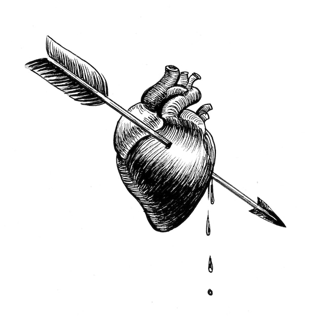 화살표로 관통 하는 심장. 잉크 흑백 그림