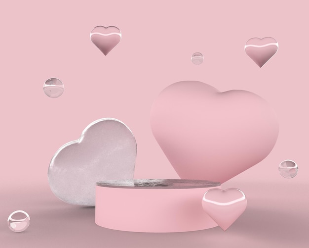 Cuore in un podio rosa con sfondo rosa rendering 3d rendering di presentazione d'amore