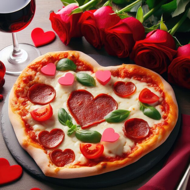 heart pizza with salami and tomatoes