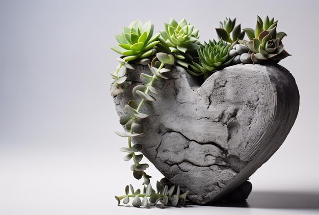 Photo heart planter of succulent plant in the style of concrete brutalism