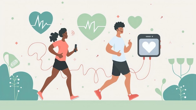 Photo heart rate apps syncing during a couples jog healthy and connected infographic style