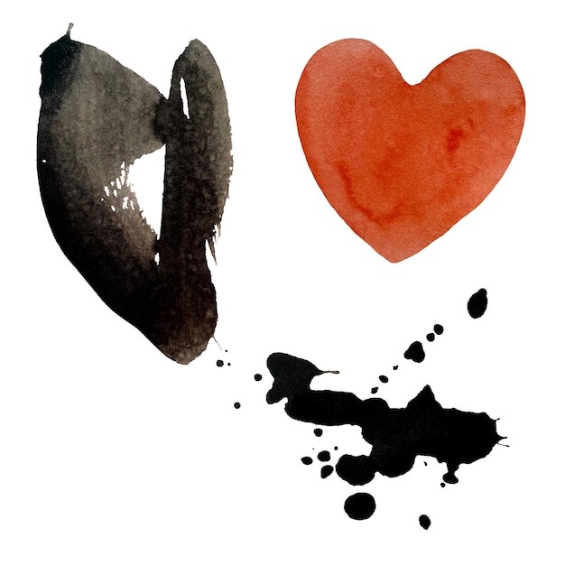 Heart red blot drop black set. A watercolor isolated illustration. Hand drawn. On white background.