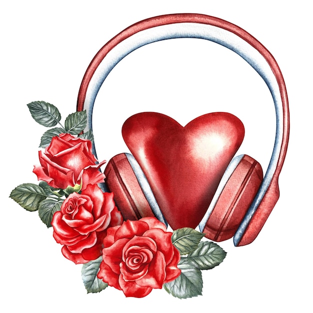 장미로 장식 된 빨간 헤드폰 을 입은 심장 수채화 그림 은 손 으로 그려졌다