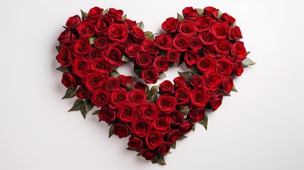 Heart red roses and leaves on a white background