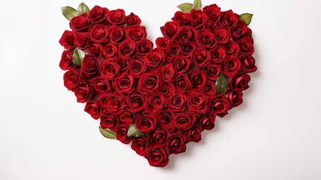 heart red roses and leaves on a white background