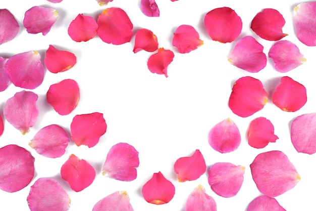 Heart of rose petals isolated on white