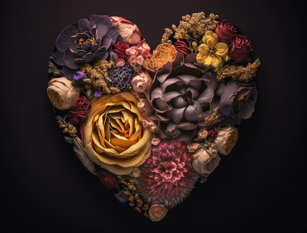 Heart of roses on a dark background created with Generative AI technology