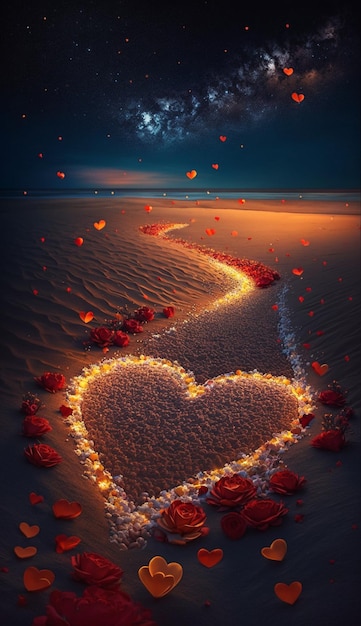 Heart in the sand with lights and flowers