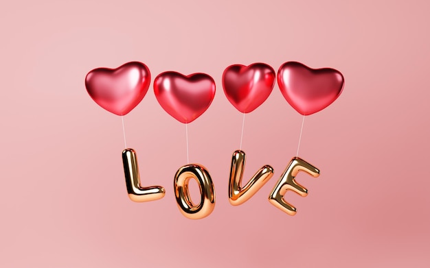 Heart shape balloons carrying love letters 3D rendering