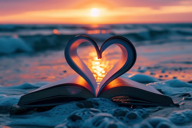 Foto forma di cuore in libro al tramonto