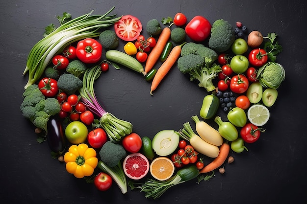 Photo heart shape by various vegetables and fruits on black stone background