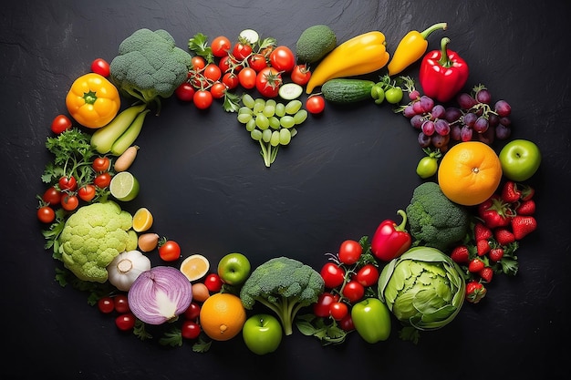 Heart shape by various vegetables and fruits on black stone background