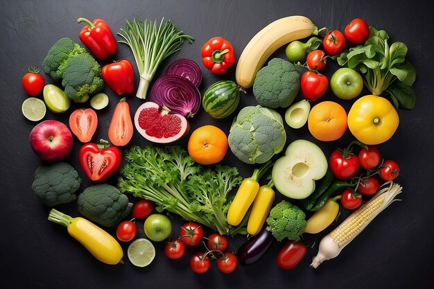 Heart shape by various vegetables and fruits on black stone background