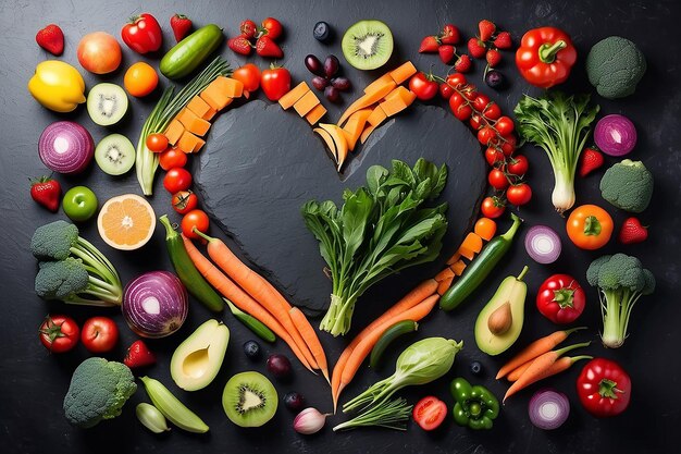 Photo heart shape by various vegetables and fruits on black stone background