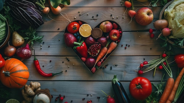 heart shape by various vegetables and fruits