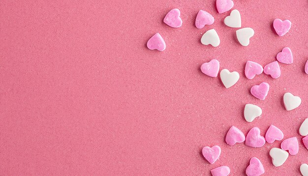 Heart shape candy pink hearts background of cake sprinkles in flat lay with copy space valentines