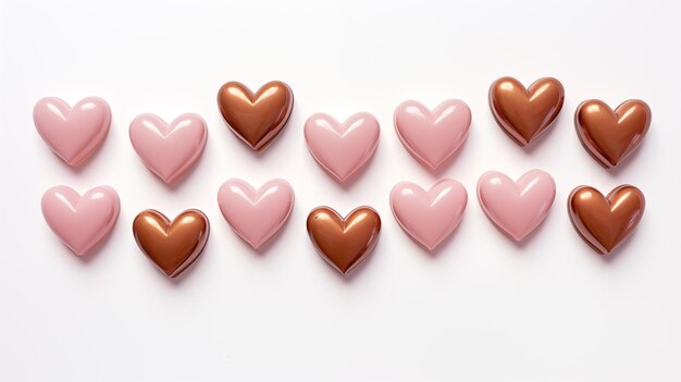 Photo heart shape chocolates on white clean background orderly arranged top down view in the style of l