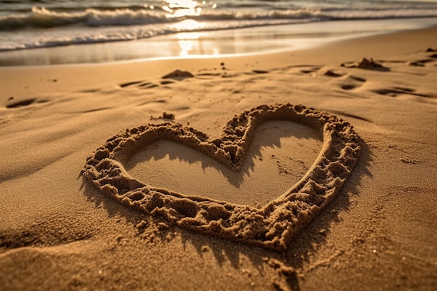 Heart shape drawn on the sand at the beach