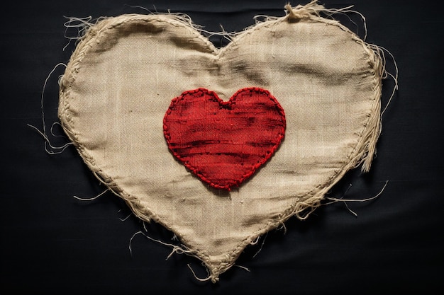A heart shape embroidered with red thread on burlap stitches are very small and even