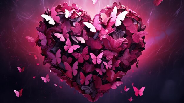 Photo heart in the shape of a flower filled with butterflies in the style of surreal 3d landscapes