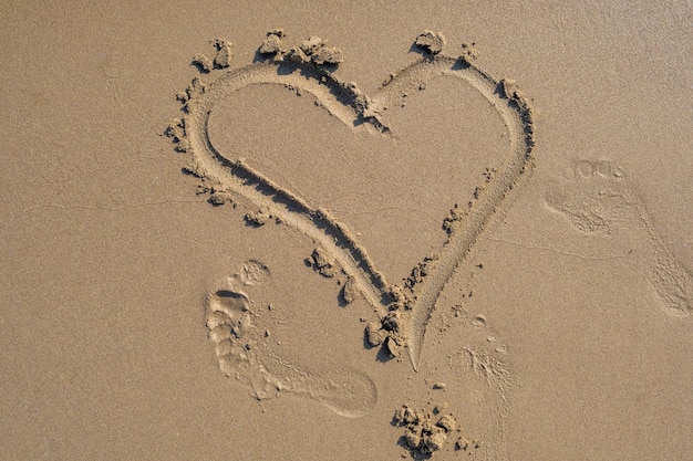 Heart shape and footprint on wet sand