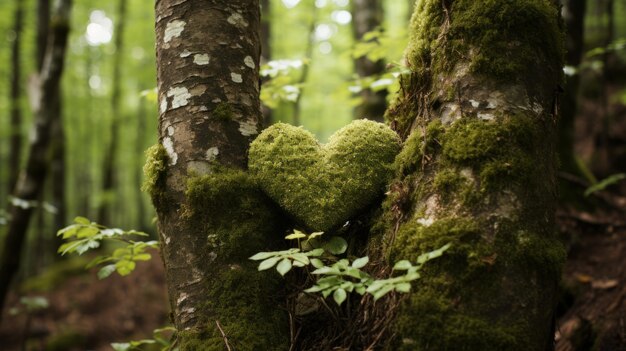 Photo heart shape from the leaves between two trees nature heart in forest