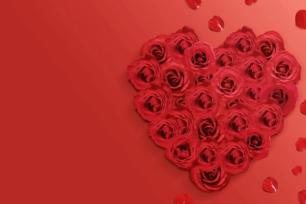 The heart shape from red roses and rose petals on the red background